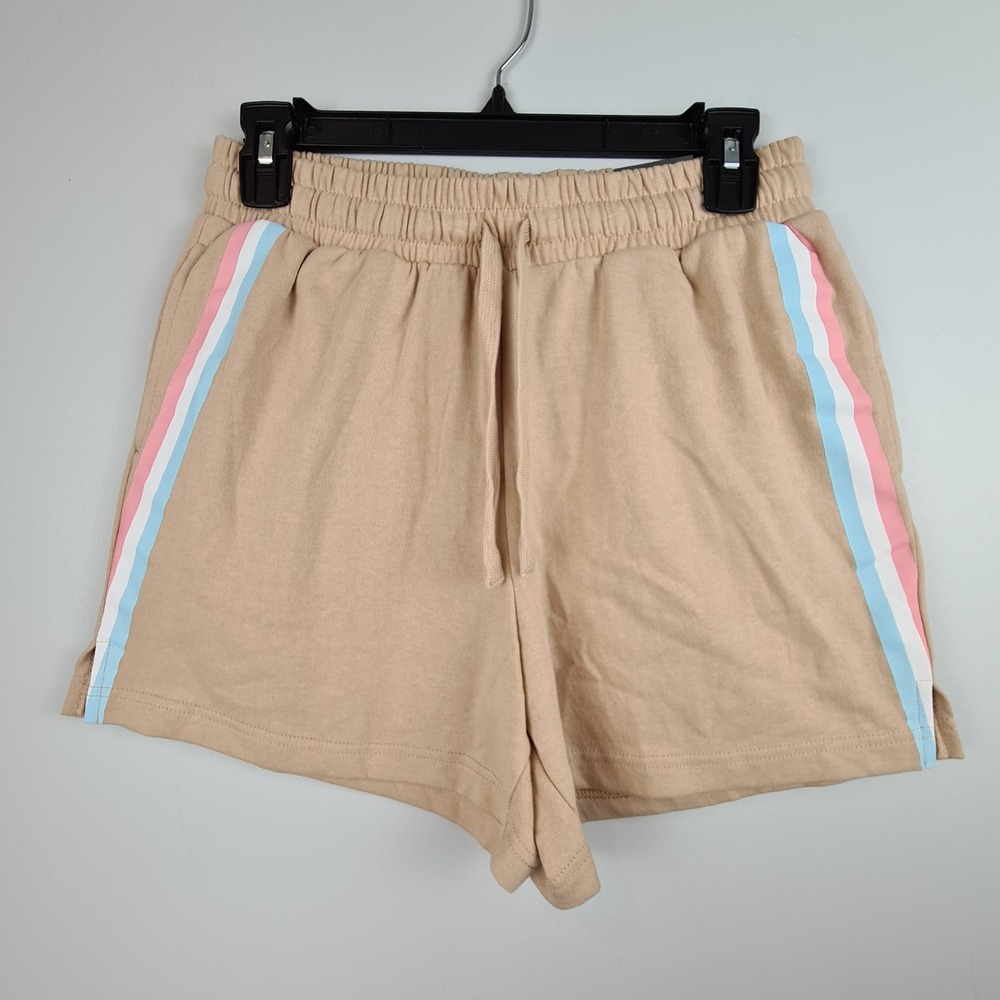 Love‎ & Pineapples Womens Medium Tan Sweat Shorts Side Stripe Pockets Drawstring